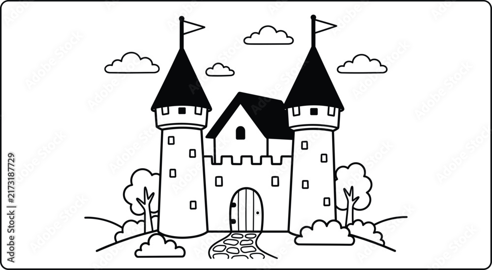 Fototapeta premium Cute Cartoon Fairytale Castle with Royal Towers Flags Gate and Clouds Outlined Black and White Vector Illustration for Kids Coloring Page