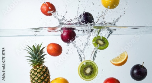Fruits plunging into water, creating splashes and a dynamic composition against a white backdrop