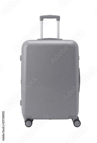 Canvas Print Modern gray suitcase with telescopic handle and wheels isolated on white