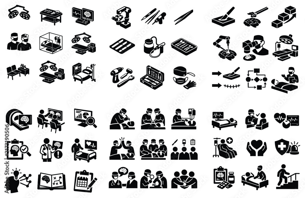 Fototapeta premium Neurosurgery and medical operation concept icons with surgeon, brain scan and tools for healthcare infographic in solid black design style