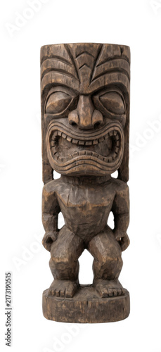 Quadro su tela Authentic carved wooden tiki statue with fierce expression isolated on transpare