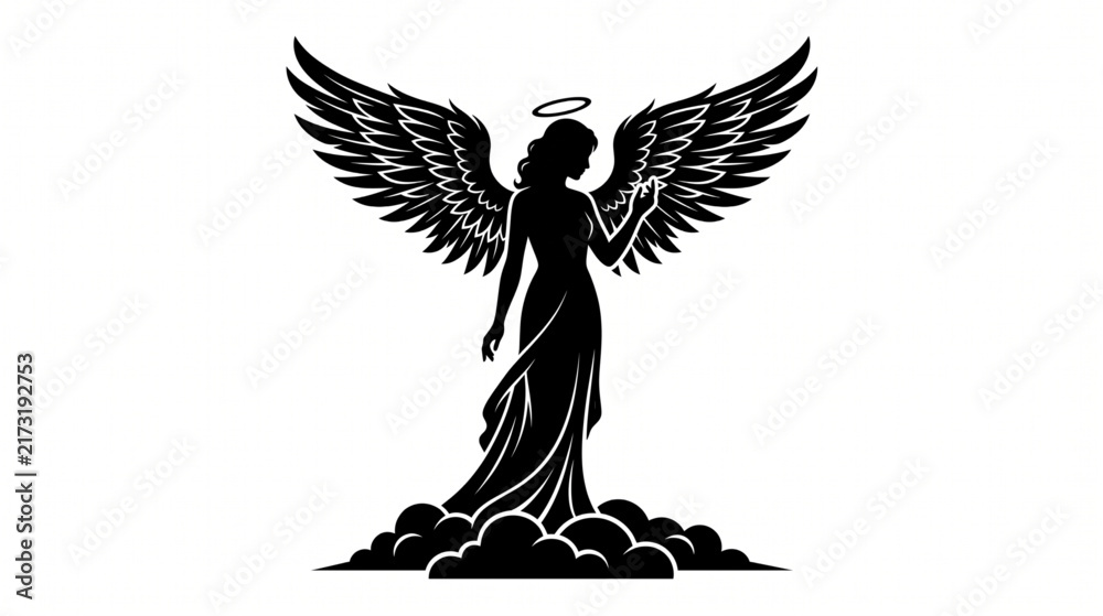 Fototapeta premium Black silhouette of a beautiful female angel with halo standing on clouds vector illustration