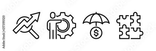 Business growth analysis and insurance icon set, performance tracking, risk protection and solution finding symbols, corporate management pictograms for financial consulting illustration.
