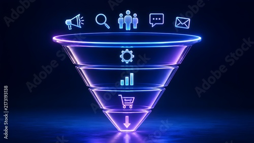Glowing 3D digital marketing sales funnel with business icons representing lead generation and conversion strategy.