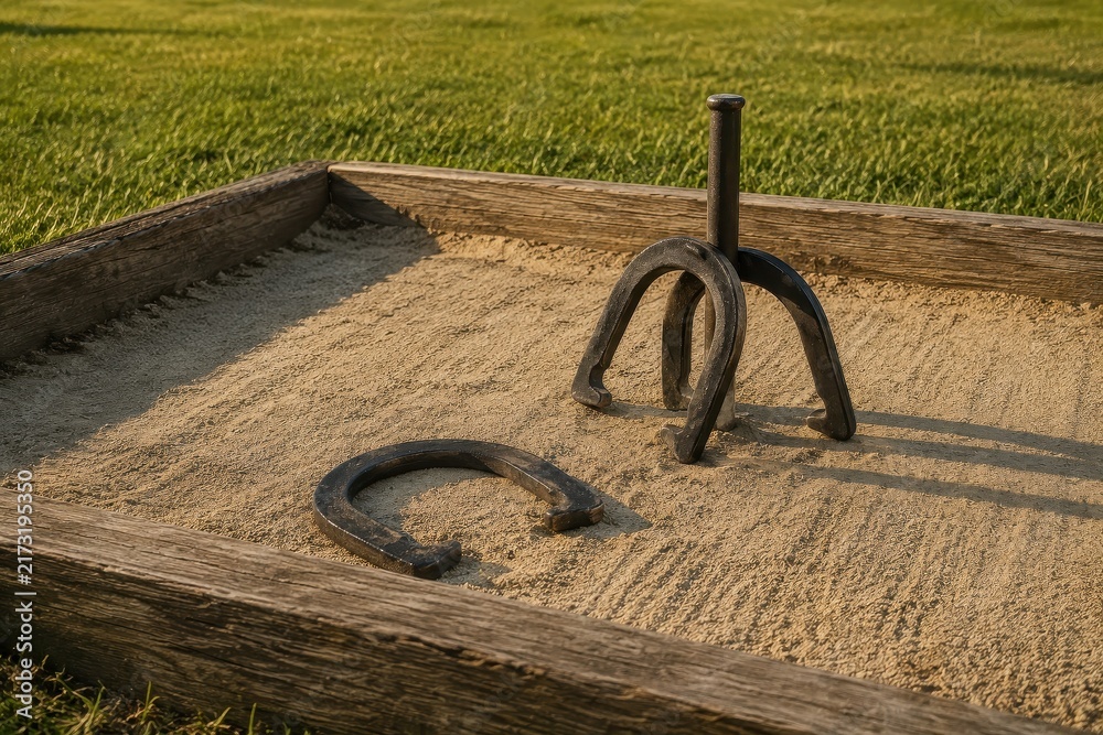 Fototapeta premium Iron horseshoe pitching stakes set in sand pits