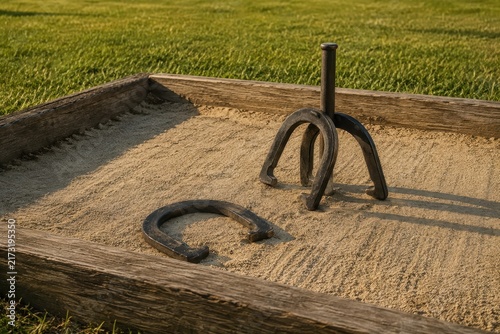 Iron horseshoe pitching stakes set in sand pits