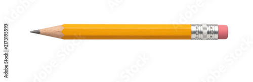 Fotografía Classic yellow hexagonal pencil with pink eraser and metal ferrule isolated