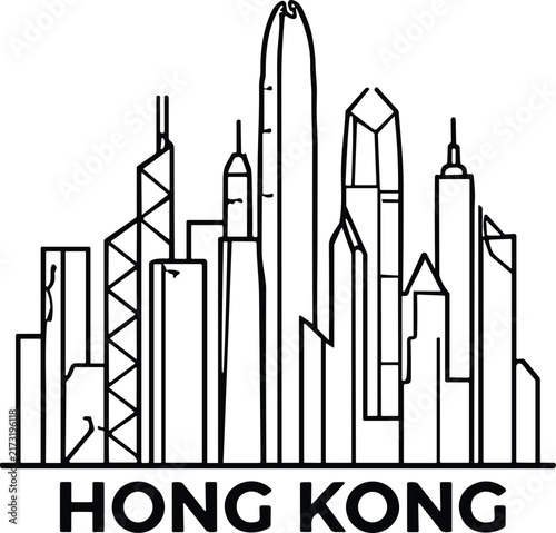 Hong Kong Skyline Outline with Iconic Skyscrapers and Modern Urban Architecture
