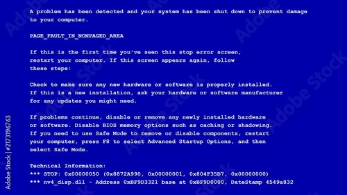 Blue screen of death with white technical error logs and digital glitch distortion for system crash mockup.