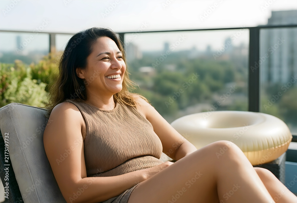 Obraz premium Work-life balance and mental wellness, happy woman relaxing on a rooftop terrace during summer vacation with urban city skyline in the background
