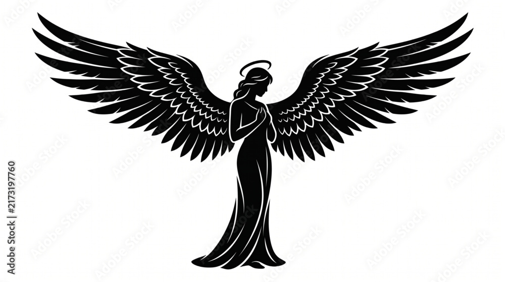 Fototapeta premium Black silhouette of a praying female angel with spread wings and halo vector illustration