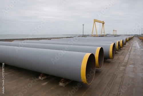 Huge steel monopile sections stacked in a fabrication yard
