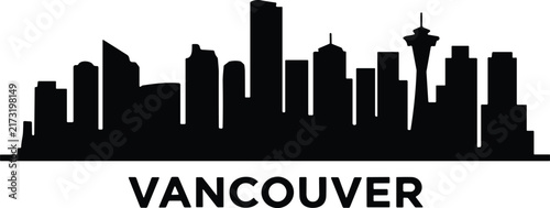 Vancouver city skyline silhouette vector illustration featuring famous landmarks and text element for design projects