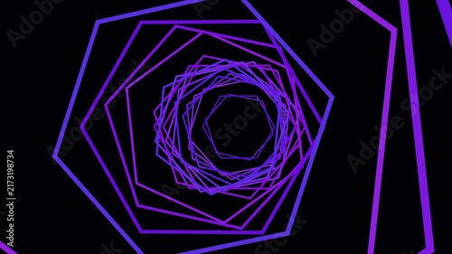 Abstract purple blue hexagonal tunnel animation rotating geometric shapes on black background modern digital art motion graphics loop