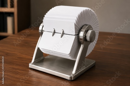 Rotary card index open on a desk with blank cards