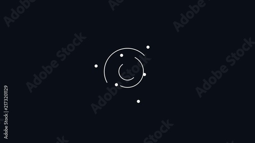 Dynamic abstract white arcs and dots rotating and orbiting on a dark minimalist background creating a modern technological motion graphic animation