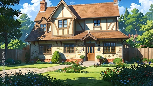 English Tudor-style cottage with garden, anime-style textures, 3D home exterior