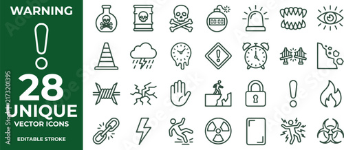 Warning danger hazard vector line icons set