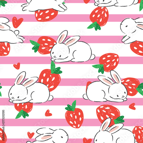 Hand Drawn Vector Bunny and Strawberry Seamless Pattern with Pink Stripes