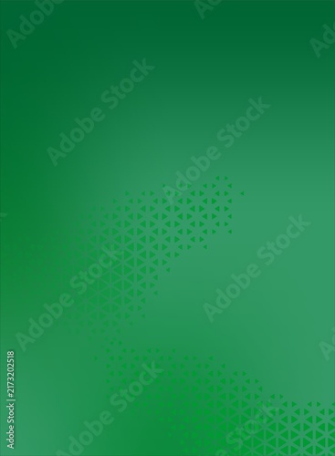 A green vertical background with a triangle-based geometric pattern.