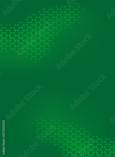 A green vertical background with a triangle-based geometric pattern.