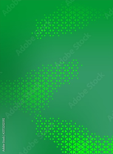 A green vertical background with a triangle-based geometric pattern.