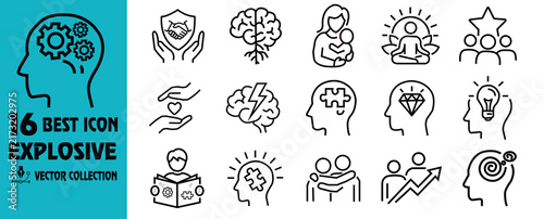 Collection of line icons depicting human heads with various symbolic elements inside mindset cognition intellect thinking brainstorm ideation strategy growth potential innovation creativity collaborat