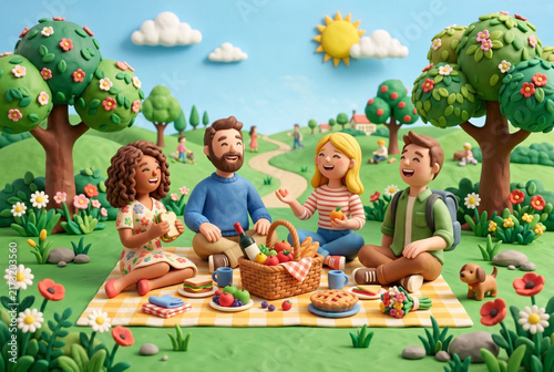 Diverse Friends Enjoying Picnic in Sunny Park Claymation