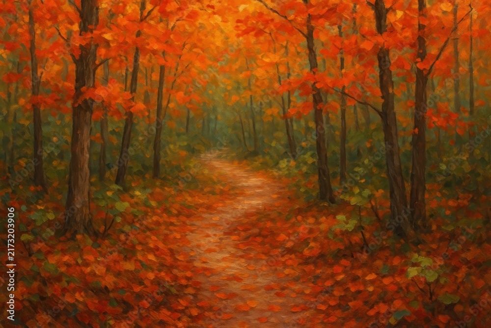 Naklejka premium Vibrant autumn forest path illustration.