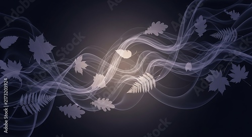 Elegant Abstract Flowing Waves with Leaves in Dark Blue Glow