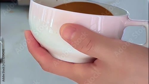 Barista Pouring Steamed Milk into Pink Cup to Create Rosetta Latte Art
