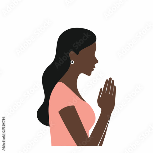 A flat vector illustration shows a woman in profile with hands pressed together in prayer.