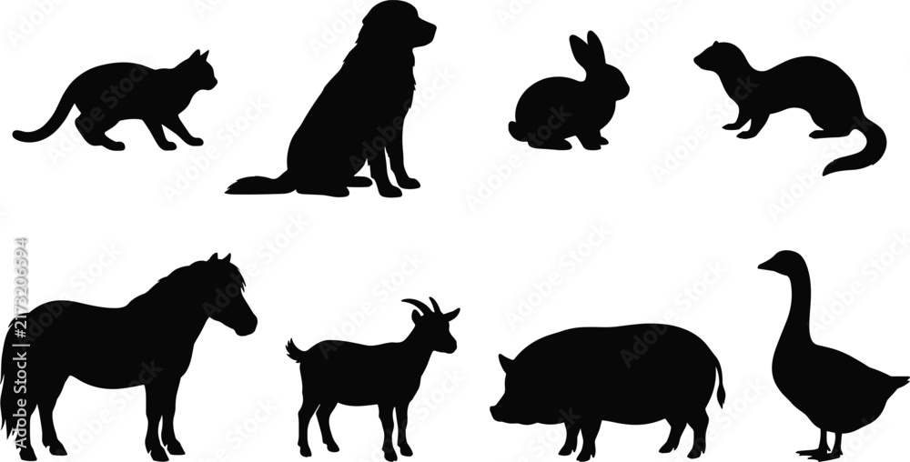 Obraz premium Domestic pets and farm livestock animals silhouette set featuring cat dog rabbit ferret pony goat pig and goose