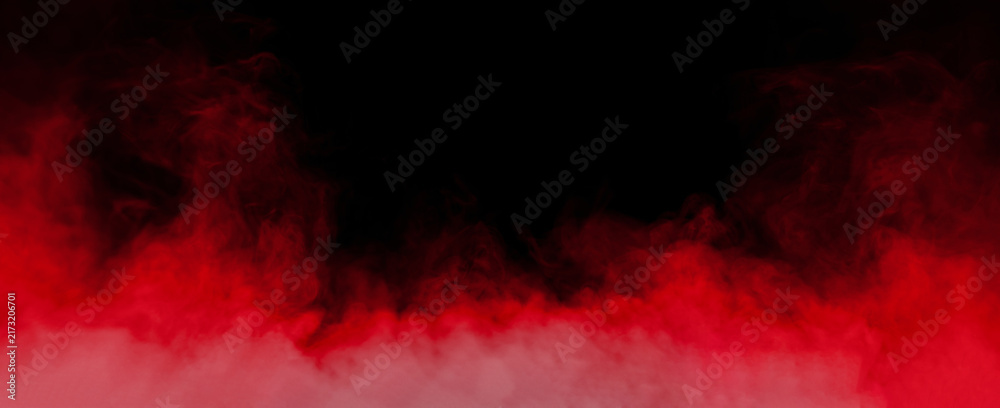 Obraz premium Abstract red smoke rising against a dark black background, creating a dramatic atmospheric texture for backgrounds, overlays, banners, cinematic designs, creative projects, and visual effects.