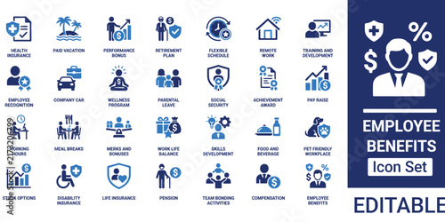 Bild auf Leinwand Employee benefits set featuring blue and white flat symbols for human resources,