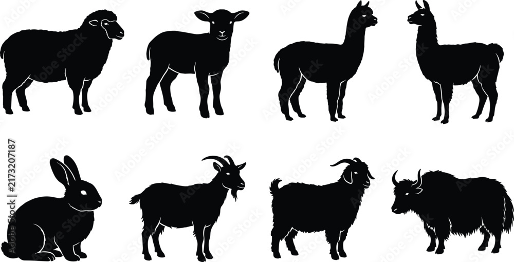 Naklejka premium Wool and fiber farm animals silhouette set featuring sheep lamb alpaca llama rabbit goat cashmere and yak