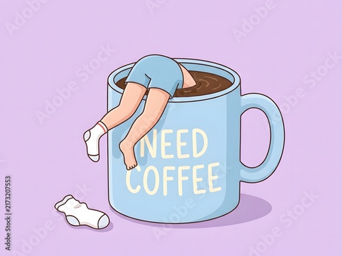 Person diving headfirst into a large blue coffee cup with need coffee text