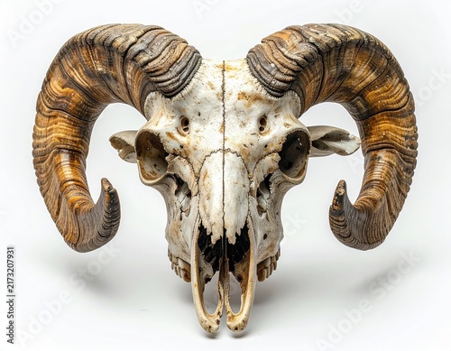 Old Horned Ram Sheep Walking on a Rural Road, Ancient-Looking Animal with Large Curved Horns and Rustic Wildlife Concept in Natural Outdoor Setting