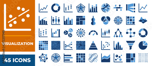 Data visualization icon set depicting charts graphs and analytics.