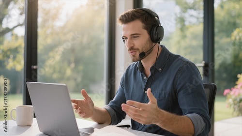 Male freelancer in headset talking on business video conference call using laptop at home office
