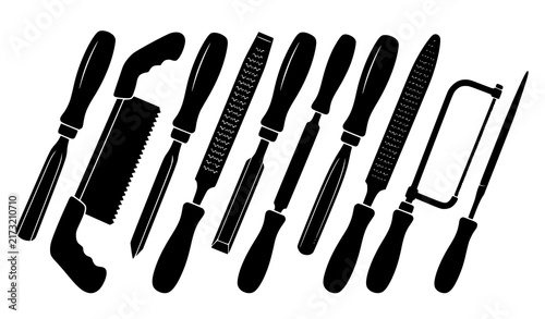 Fotografía Wood Carving Hand Tools Black Silhouette Set Featuring Chisels Rasps Files and S