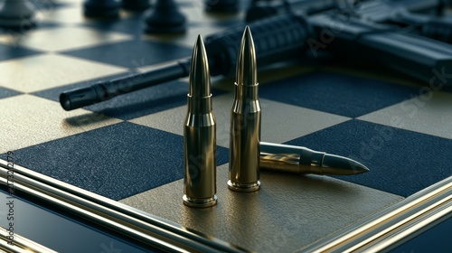 Plakat w ramie Rifle ammunition bullets standing on a chessboard, symbolizing geopolitical strategy, military power, international conflict, political tension, strategic decisions and global security challenges