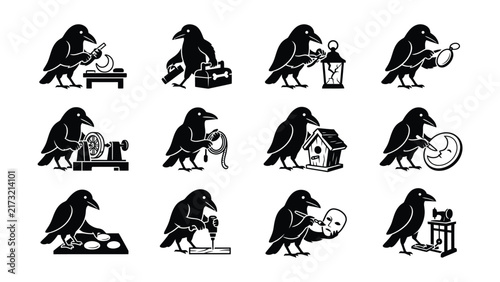 Creative black crow illustrations performing various humanlike tasks