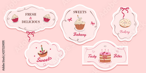 A set of decorative labels for bakeries and pastry shops featuring illustrations of cupcakes, donuts, and a birthday cake on a pink background