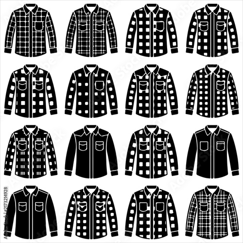 Flannel shirts vector icons set clothing illustration with black and white long sleeve plaid apparel garment collection fashion symbols casual wear checkered shirts design elements clothing
