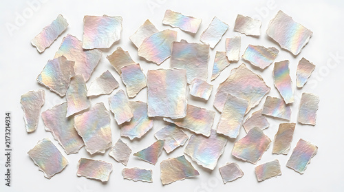 Shiny holographic paper pieces scattered on a flat surface