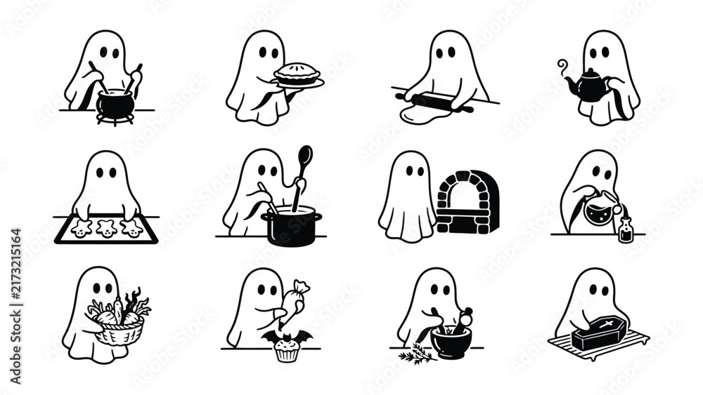 Fototapeta premium Ghost Characters Engaged In Various Halloween Themed Cooking Activities