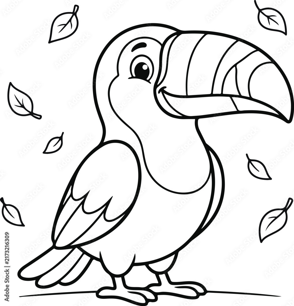 Fototapeta premium Cute toucan bird with leaves, black and white coloring page for kids