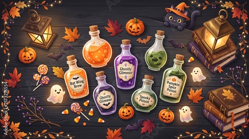 Halloween Potion Bottles with Pumpkins and Ghosts Cute Digital Illustration Background for Holiday Party Invitation