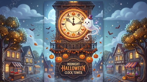 Spooky Halloween Clock Tower at Midnight with Cute Ghost and Pumpkins for Holiday Celebration Background Illustration